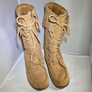 L‎ L Bean Suede Leather Tan Tassel Thick Sheepskin Lined Winter Boots Size 7.5 M
